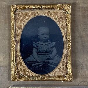 1/9 Plate TintypePhoto Victorian Baby 1860 - 1870s in Dress Brass Mat Glass